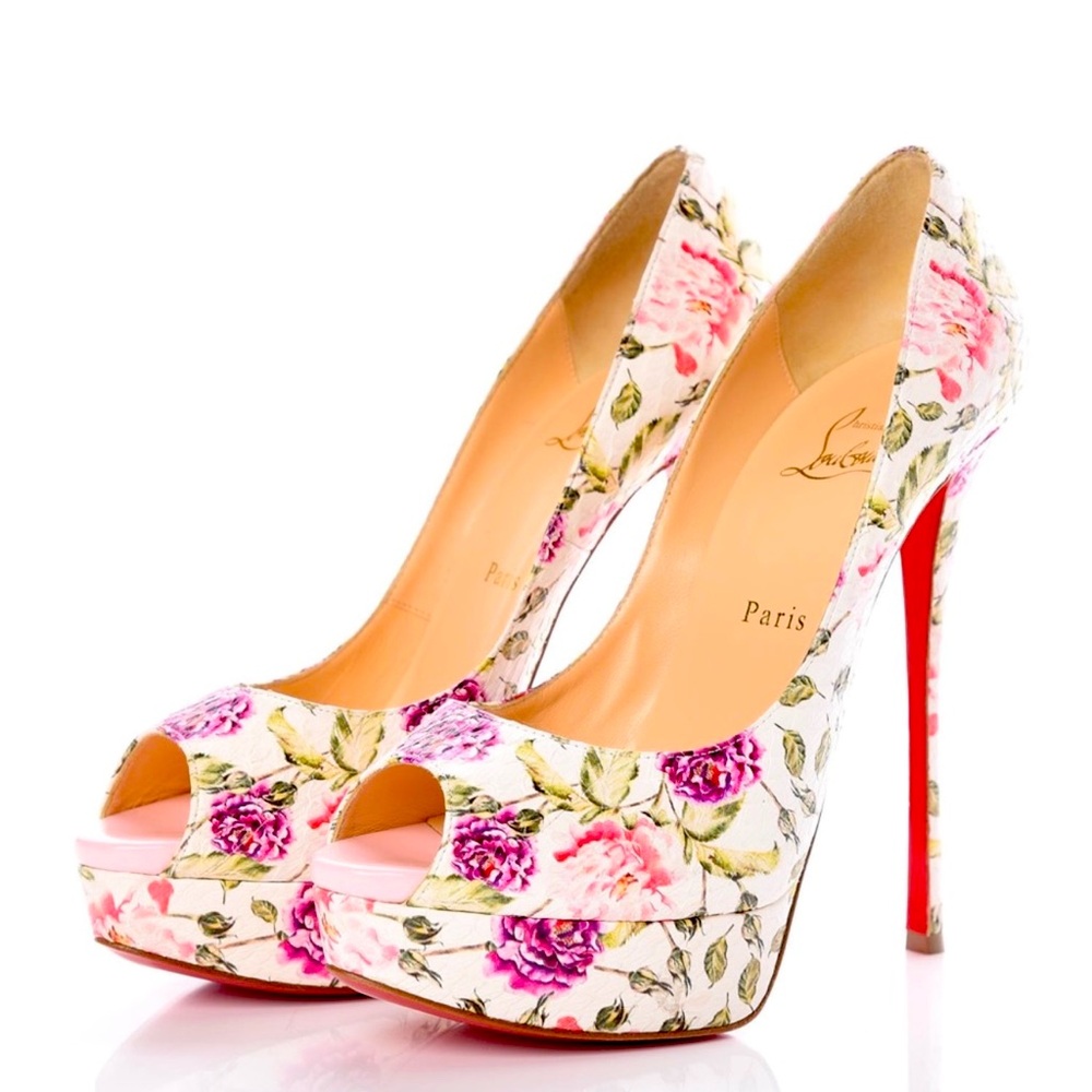 CHRISTIAN LOUBOUTIN Watersnake Fiori Fetish Peep 150 Pumps 39.5 Latte Pompadour